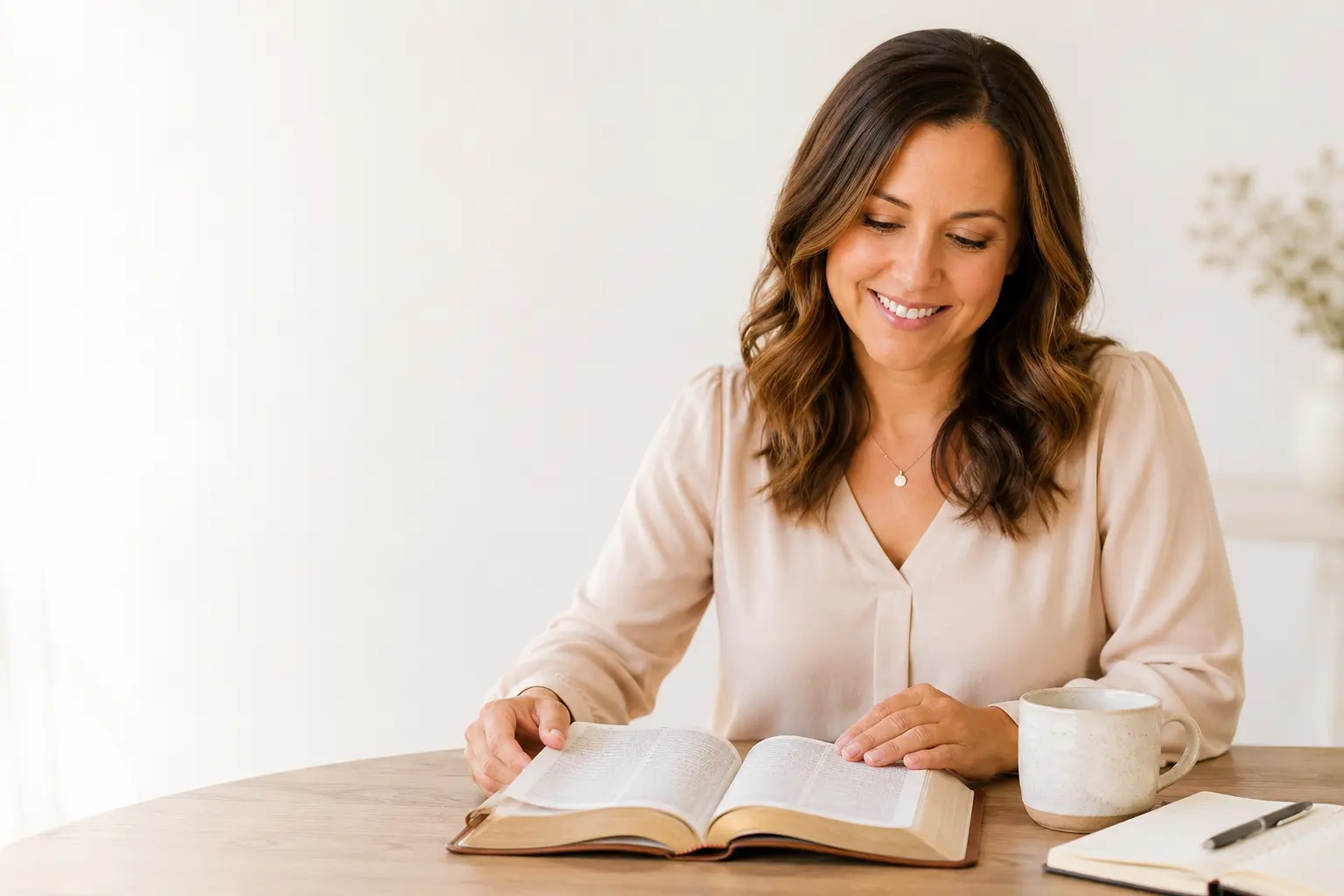 Woman reading the Bible during a quiet morning devotional with coffee and journal nearby