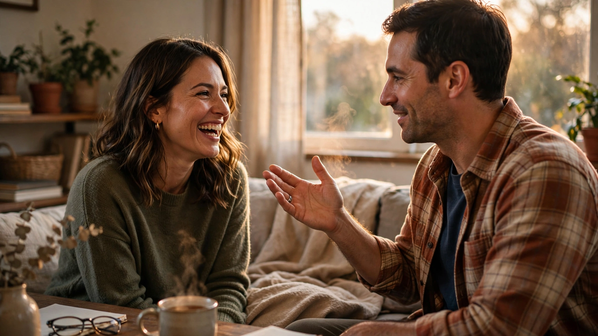Couple laughing and connecting warmly at home, showing appreciation over criticism in marriage