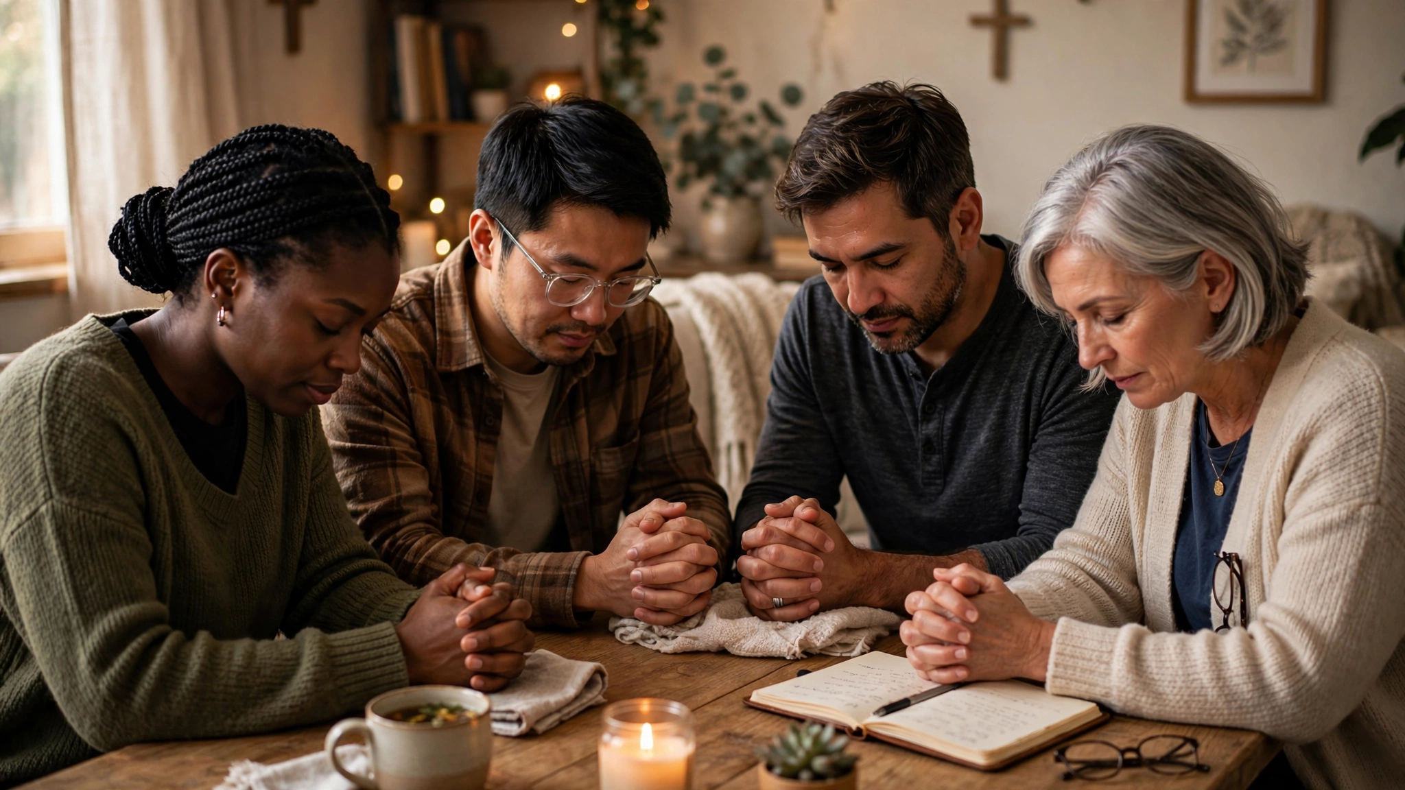 Small group praying together for support during depression