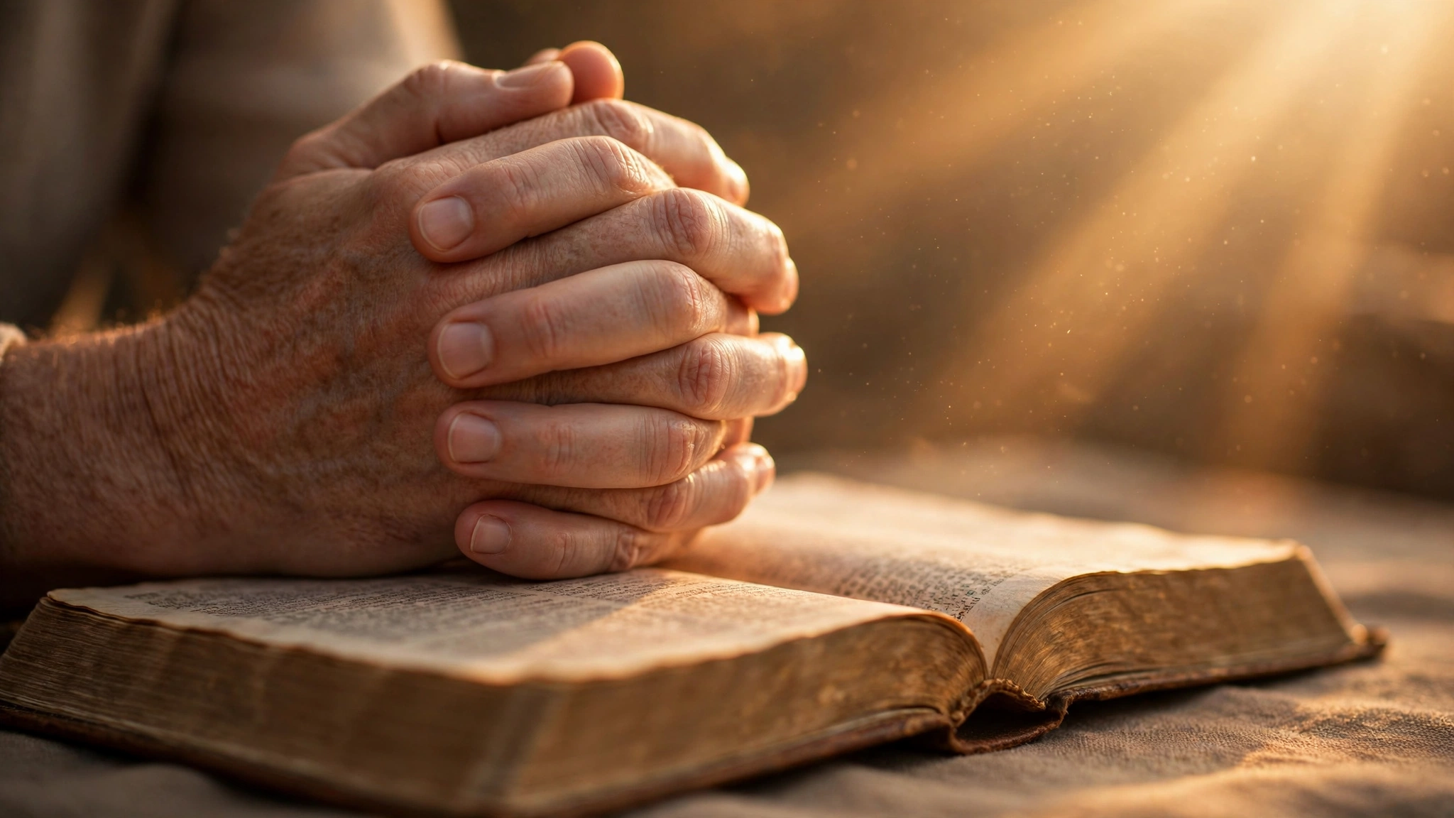 Hands folded in prayer over an open Bible representing strength during difficult trials