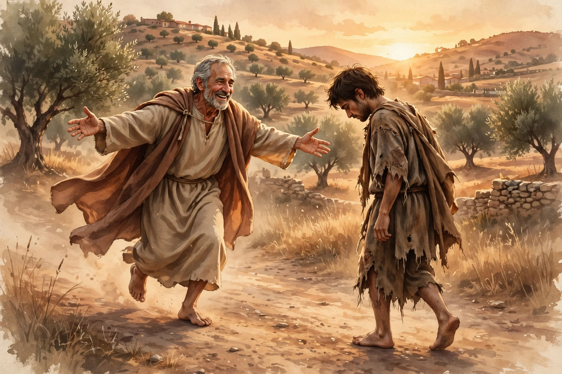Father running to embrace his returning son, illustrating the Parable of the Prodigal Son