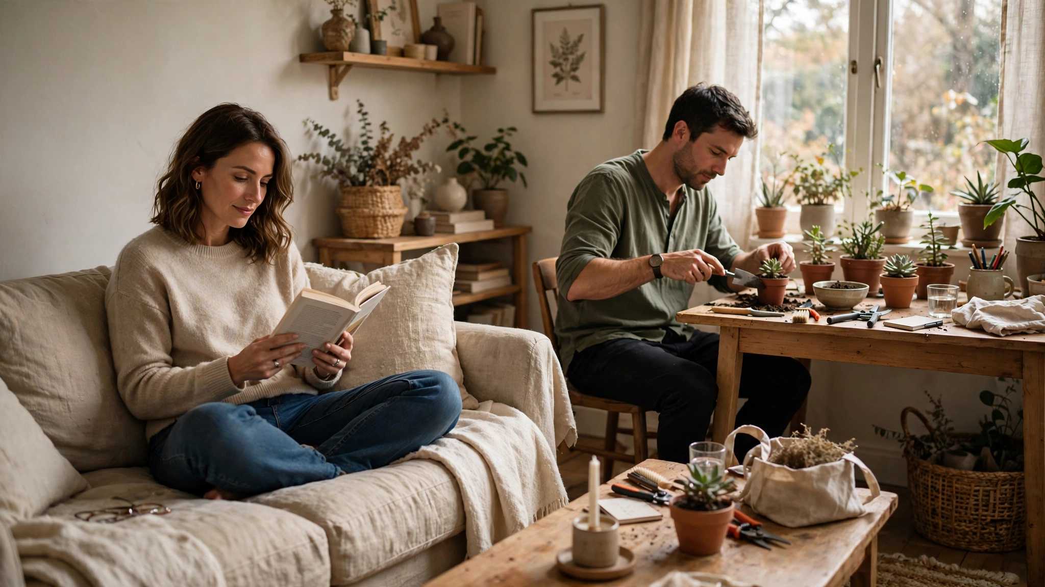Couple at home enjoying separate hobbies together, showing healthy personal space in marriage