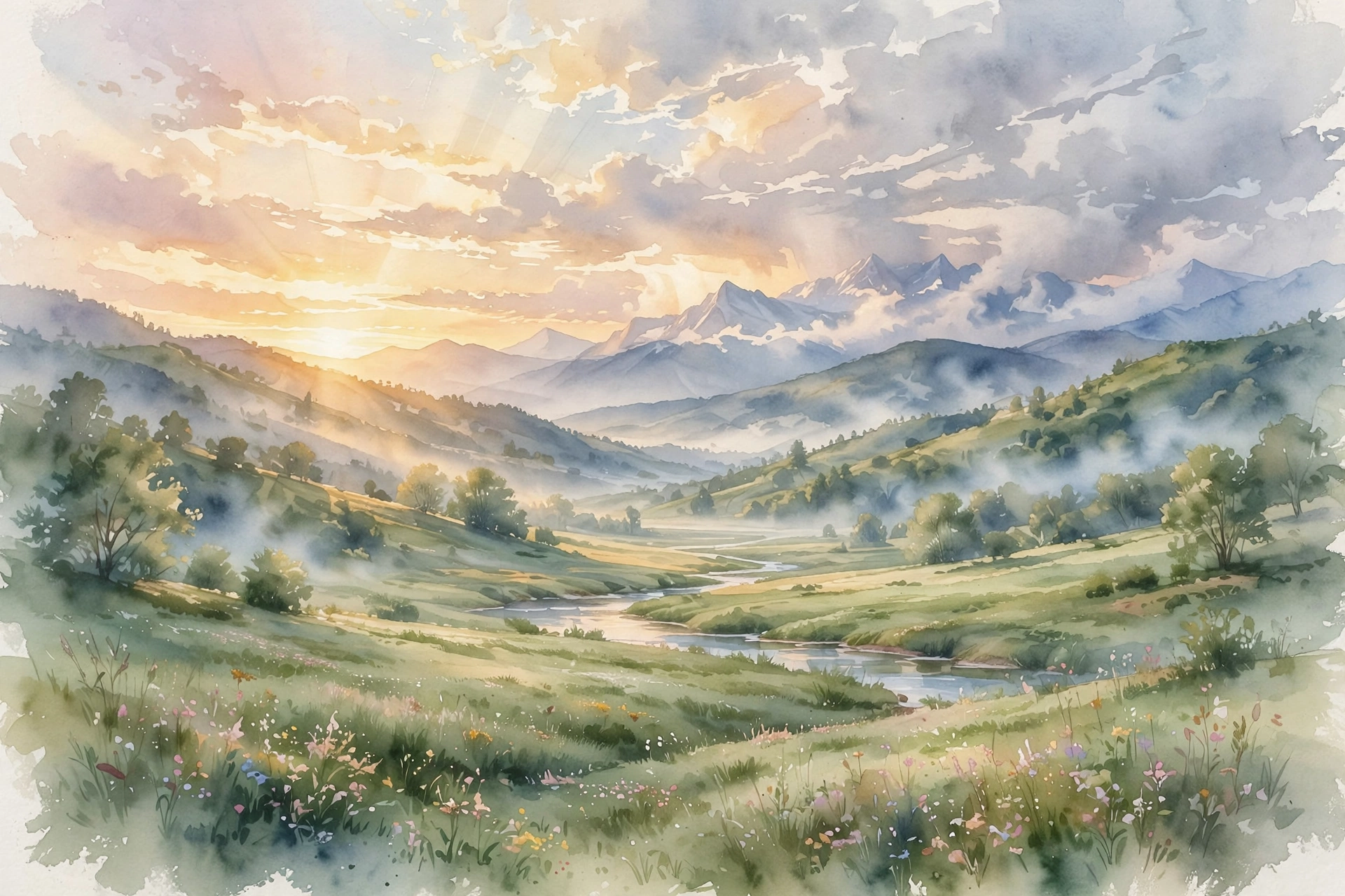Watercolor of dawn light over a valley after a storm