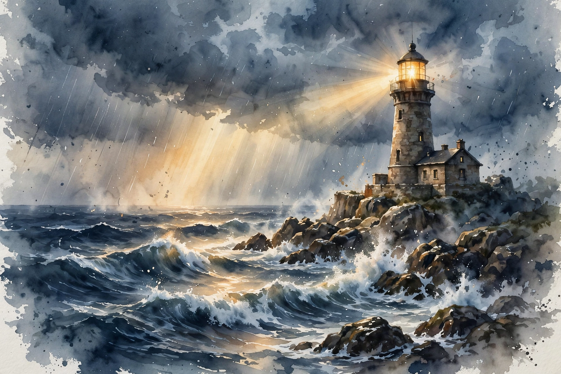 Watercolor of a strong lighthouse standing firm in a stormy sea