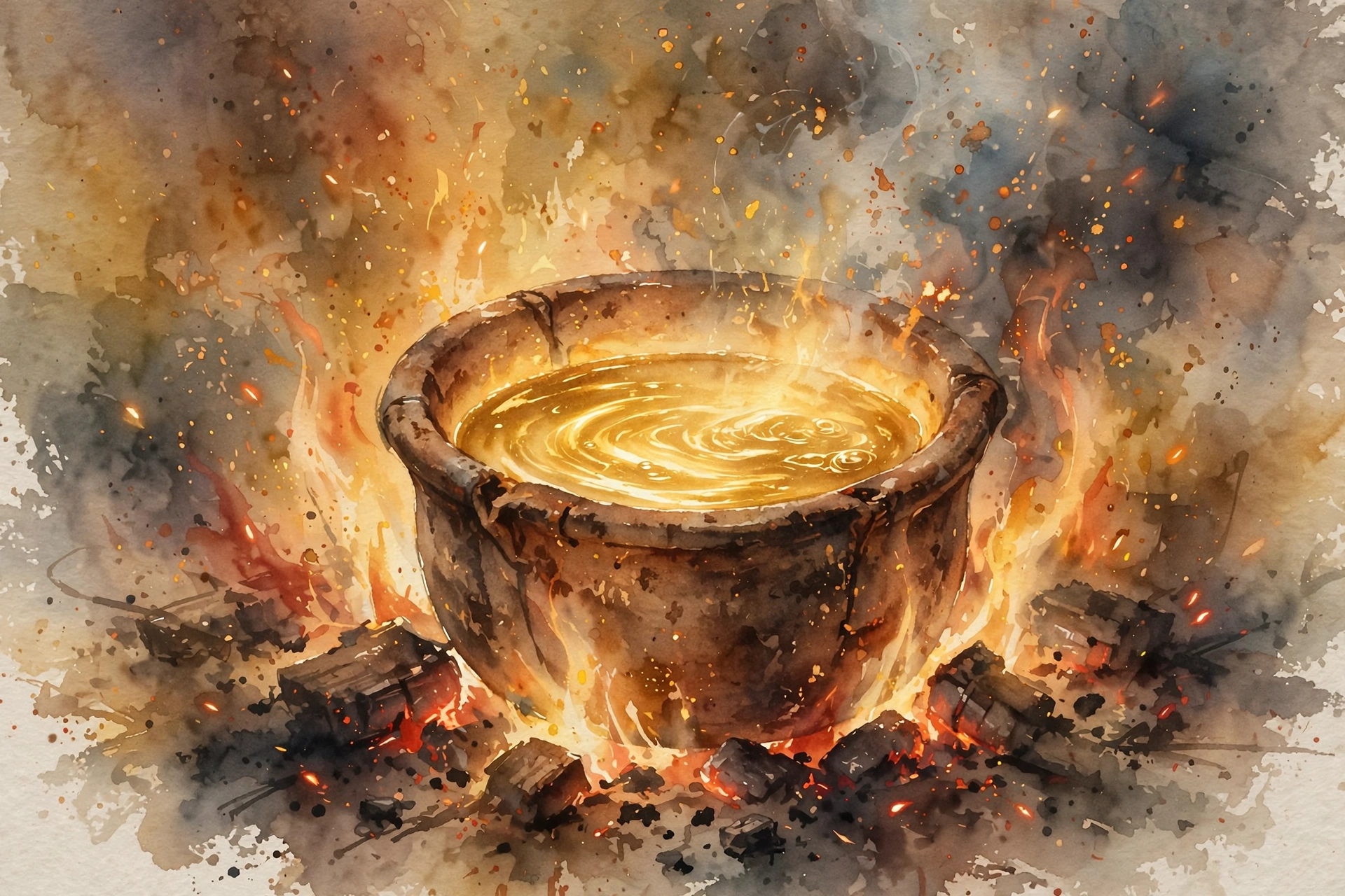 Watercolor of gold being refined in fire symbolizing trials purifying faith