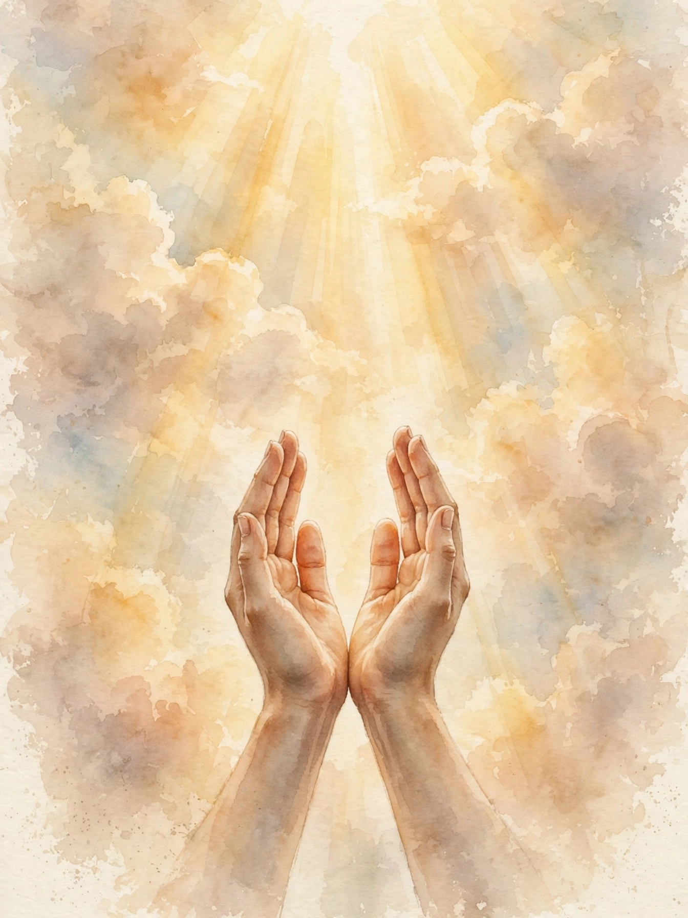 Watercolor of hands lifted in prayer toward warm heavenly light