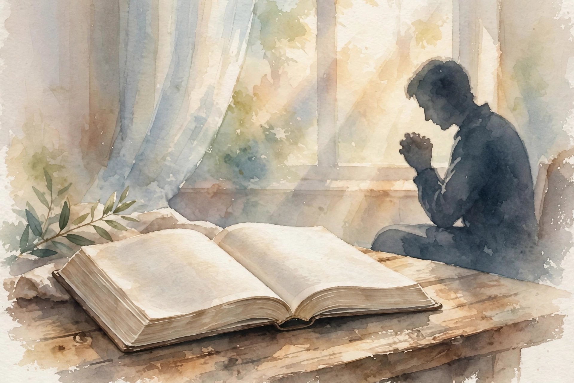 Watercolor of an open Bible with soft light and a peaceful praying figure