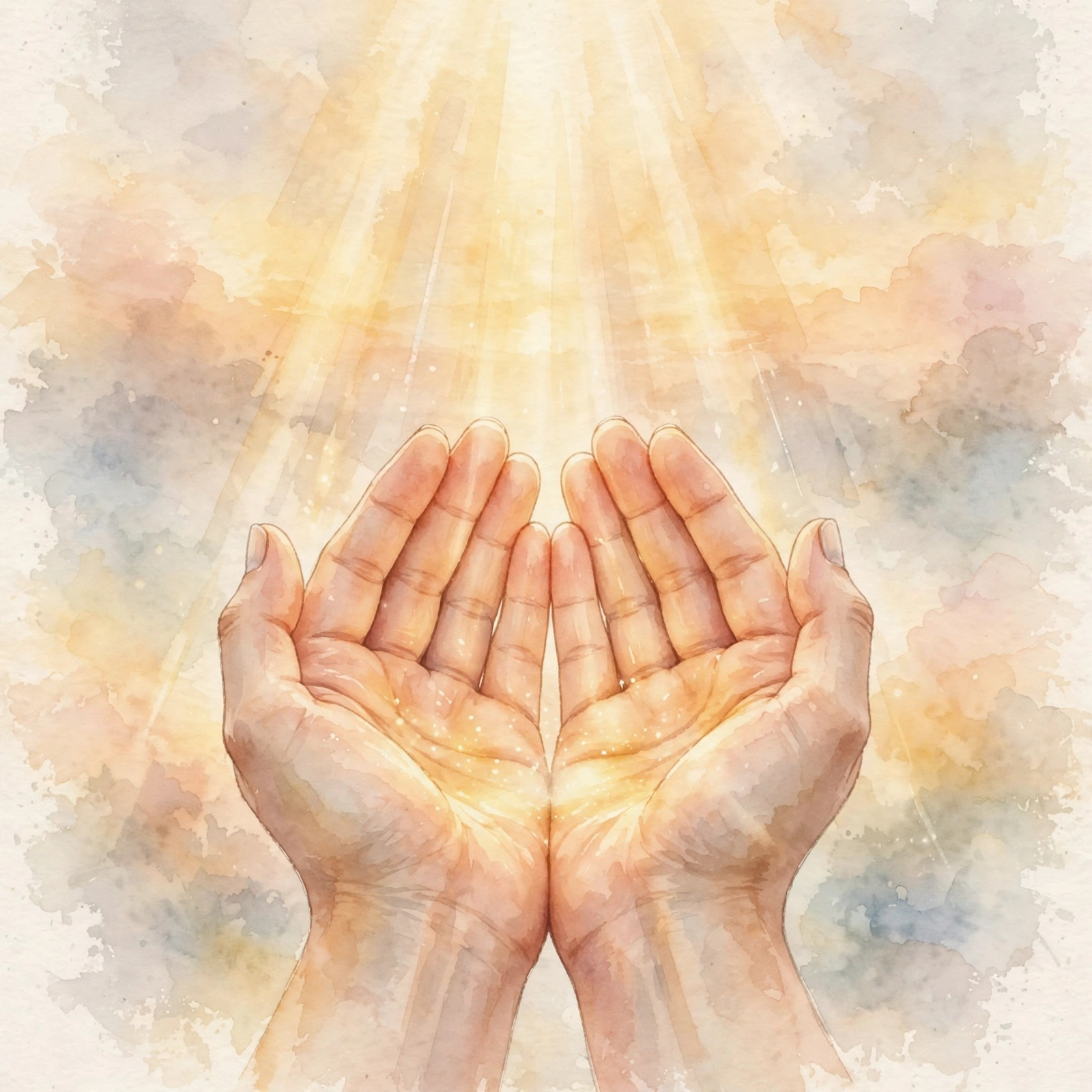 Watercolor sunrise with open hands receiving light