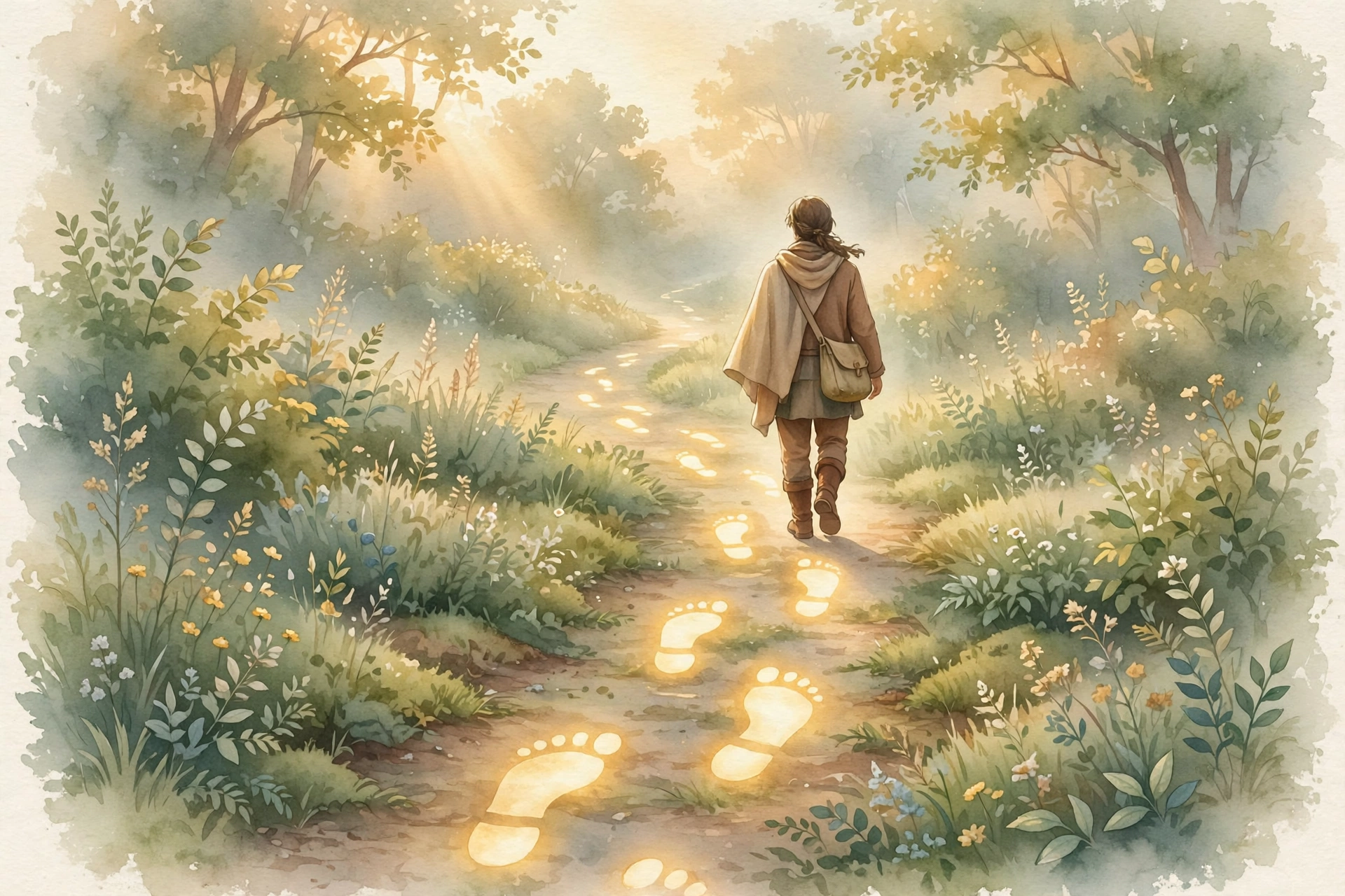Walking as Jesus Walked Person walking on a sunlit path following in footsteps of light, illustrating walking as Jesus walked