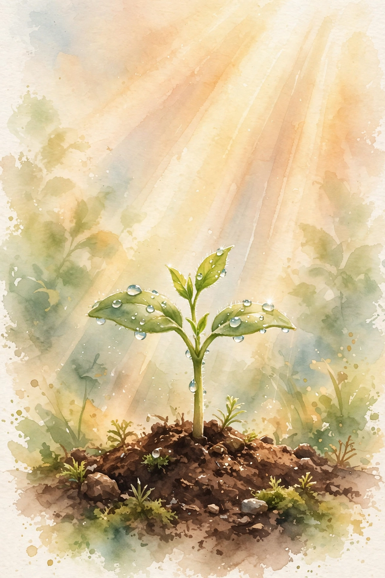New Creation Growing in Christ Young seedling growing toward warm sunlight breaking through soil, symbolizing new creation in Christ