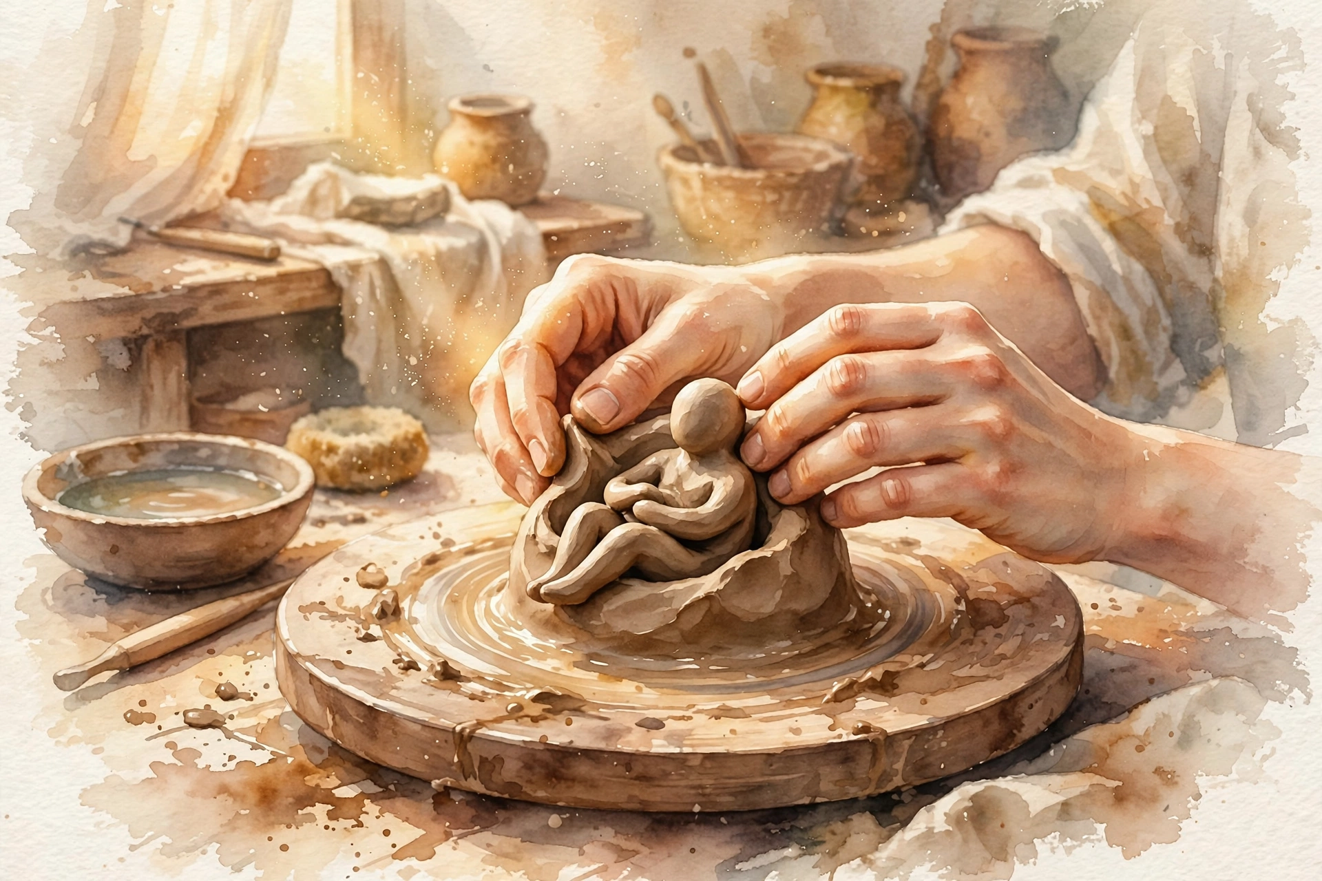 God the Potter Shaping Us Like Christ Potter's hands shaping clay on a wheel, symbolizing God forming us into Christ's image