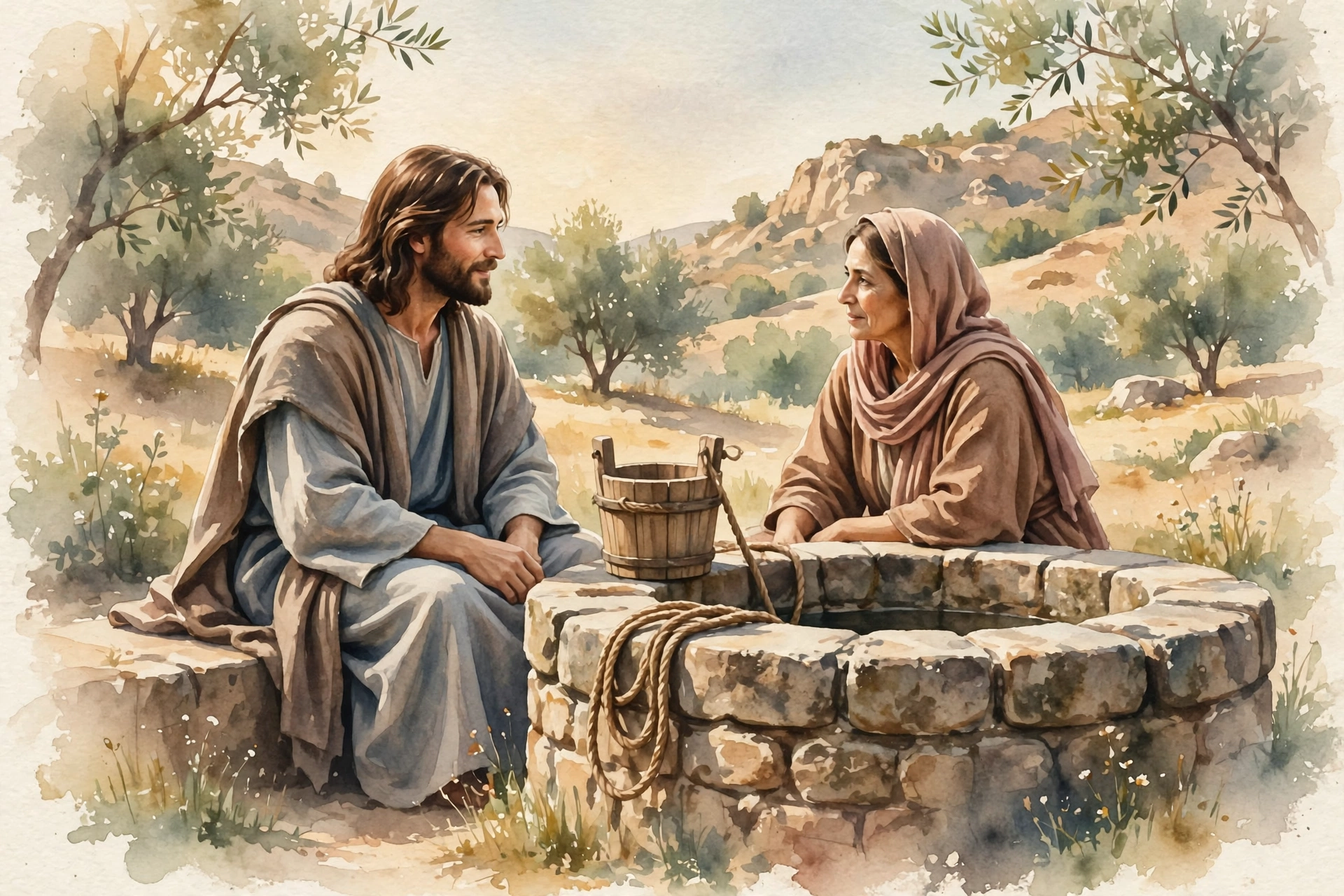 Soft warm watercolor of Jesus sitting by an ancient stone well speaking with a woman at noon, symbolizing surgical love at the well