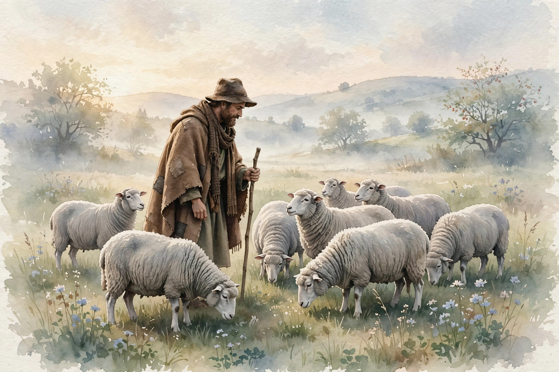 Soft watercolor of a shepherd tending sheep in a quiet pasture at dawn, symbolizing faithful devotion before promotion