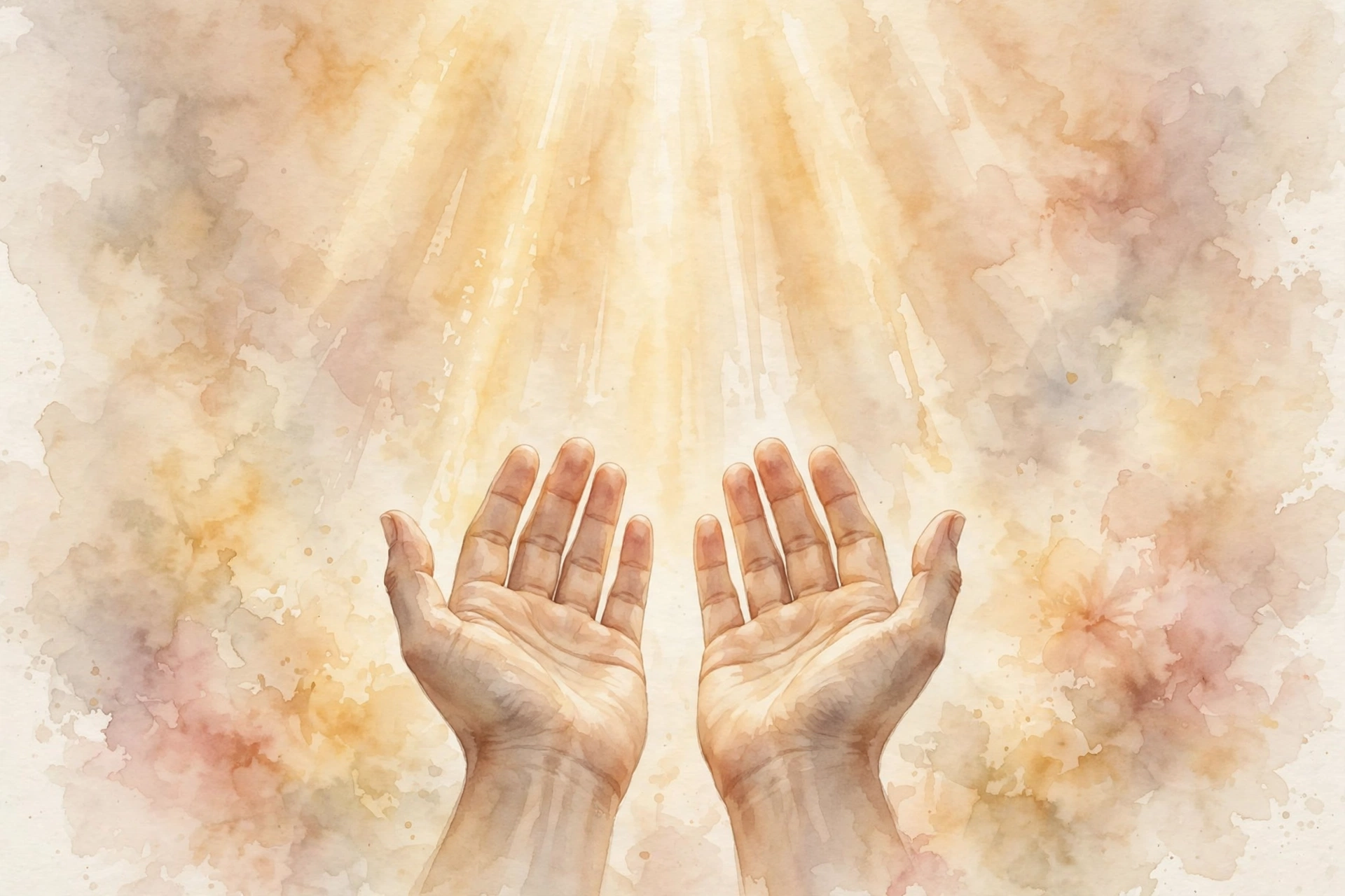 Soft warm watercolor of hands open in surrender beneath warm healing light, symbolizing devotion and surrender to God's surgical love