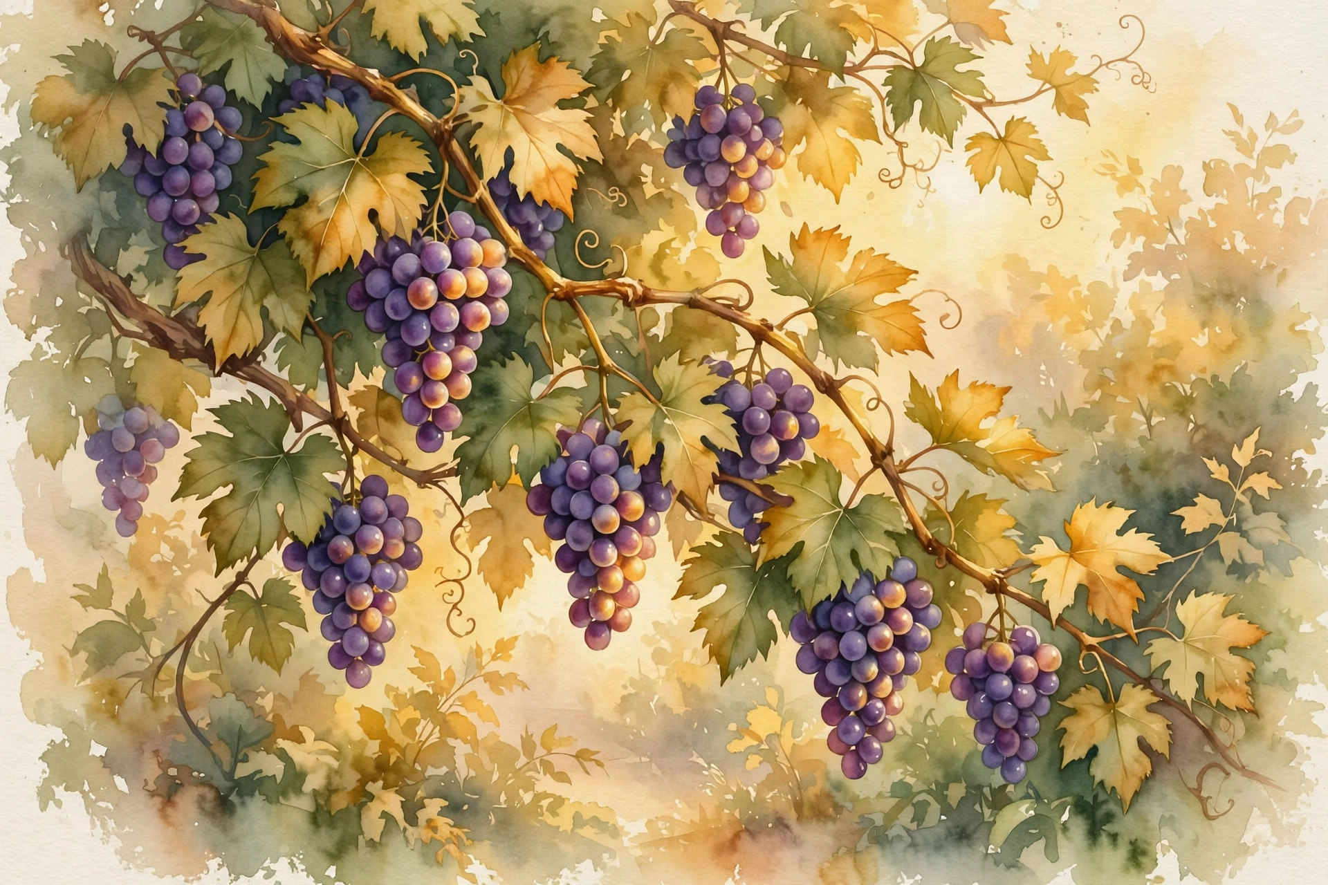 Soft warm watercolor painting of a thriving grapevine with lush branches and ripe fruit in golden light