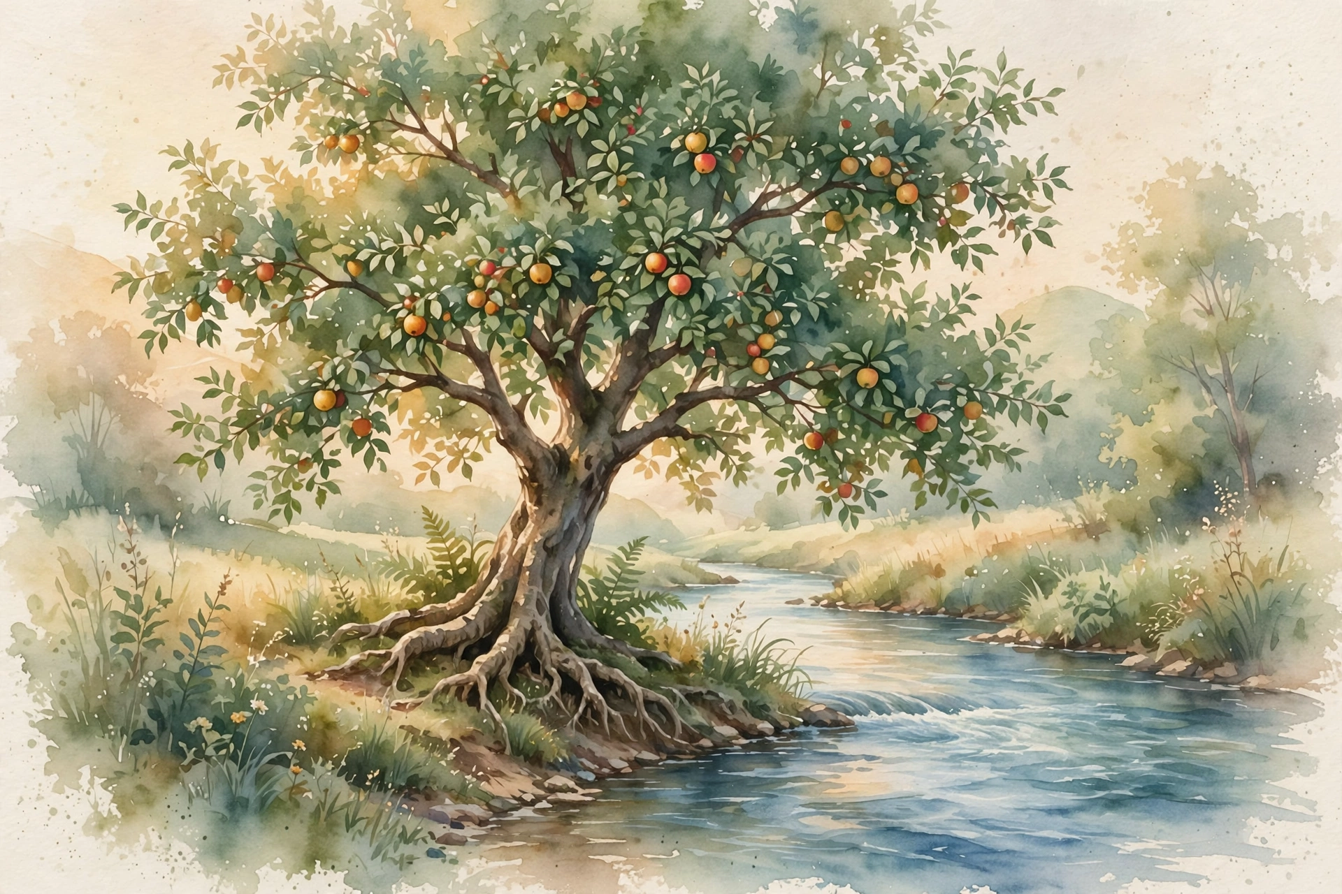 Soft watercolor of a strong tree planted beside a flowing river with green leaves and fruit, symbolizing a life rooted in God's Word