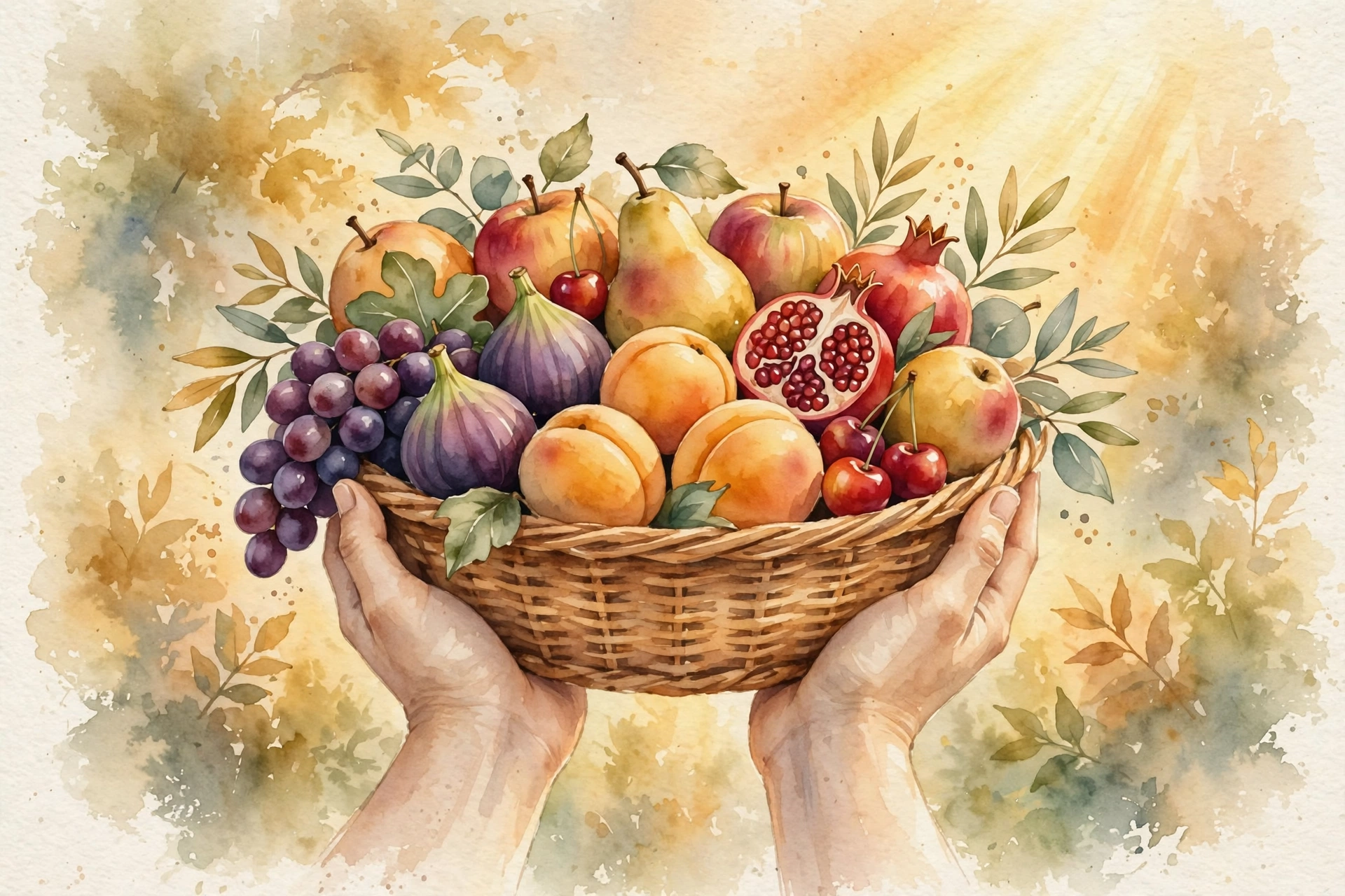 Soft warm watercolor of hands offering a basket of ripe fruit in golden light, symbolizing a fruitful Christian life shared with others