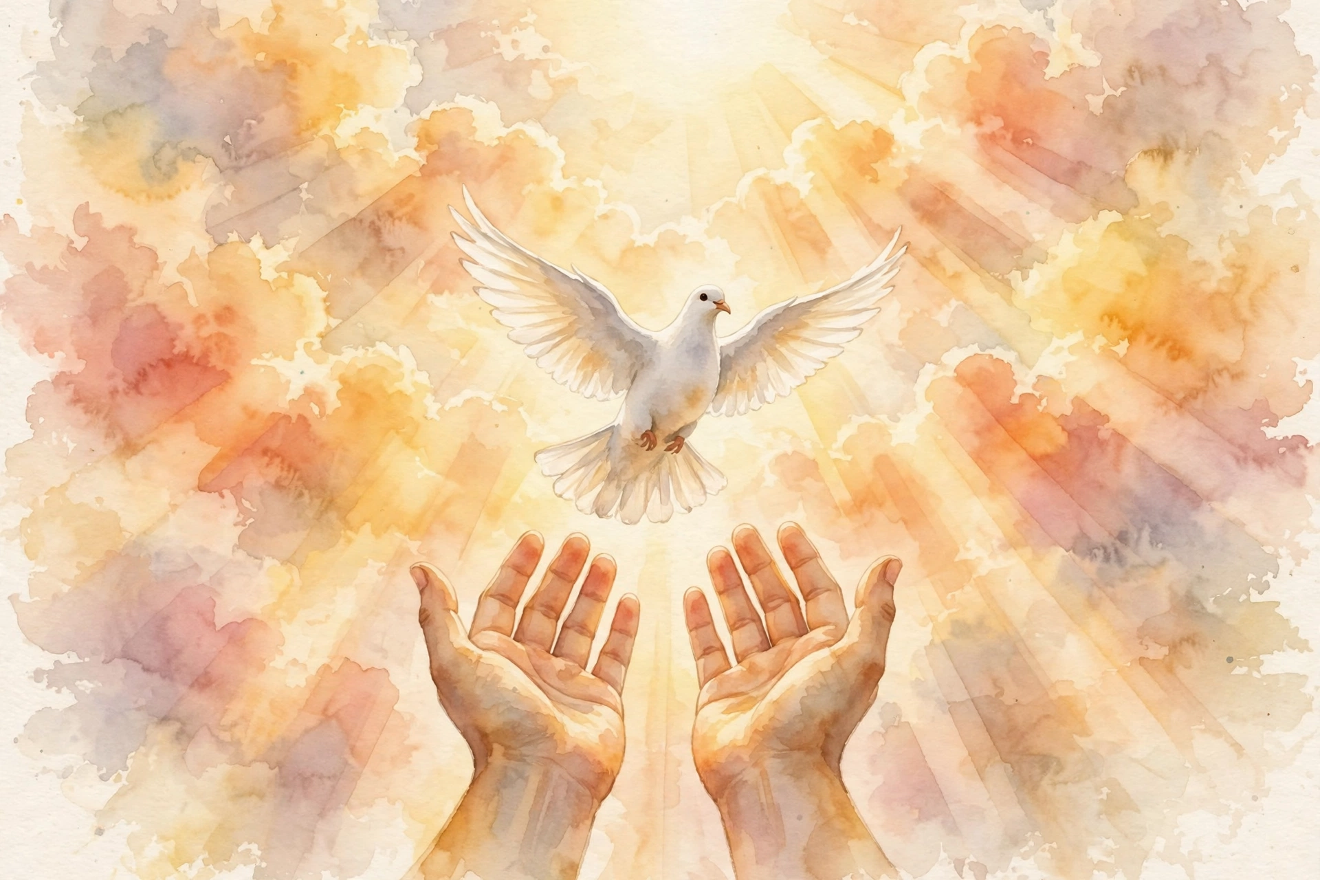 Cast Your Cares on God Open hands releasing a white dove into bright sky, symbolizing casting anxiety on God