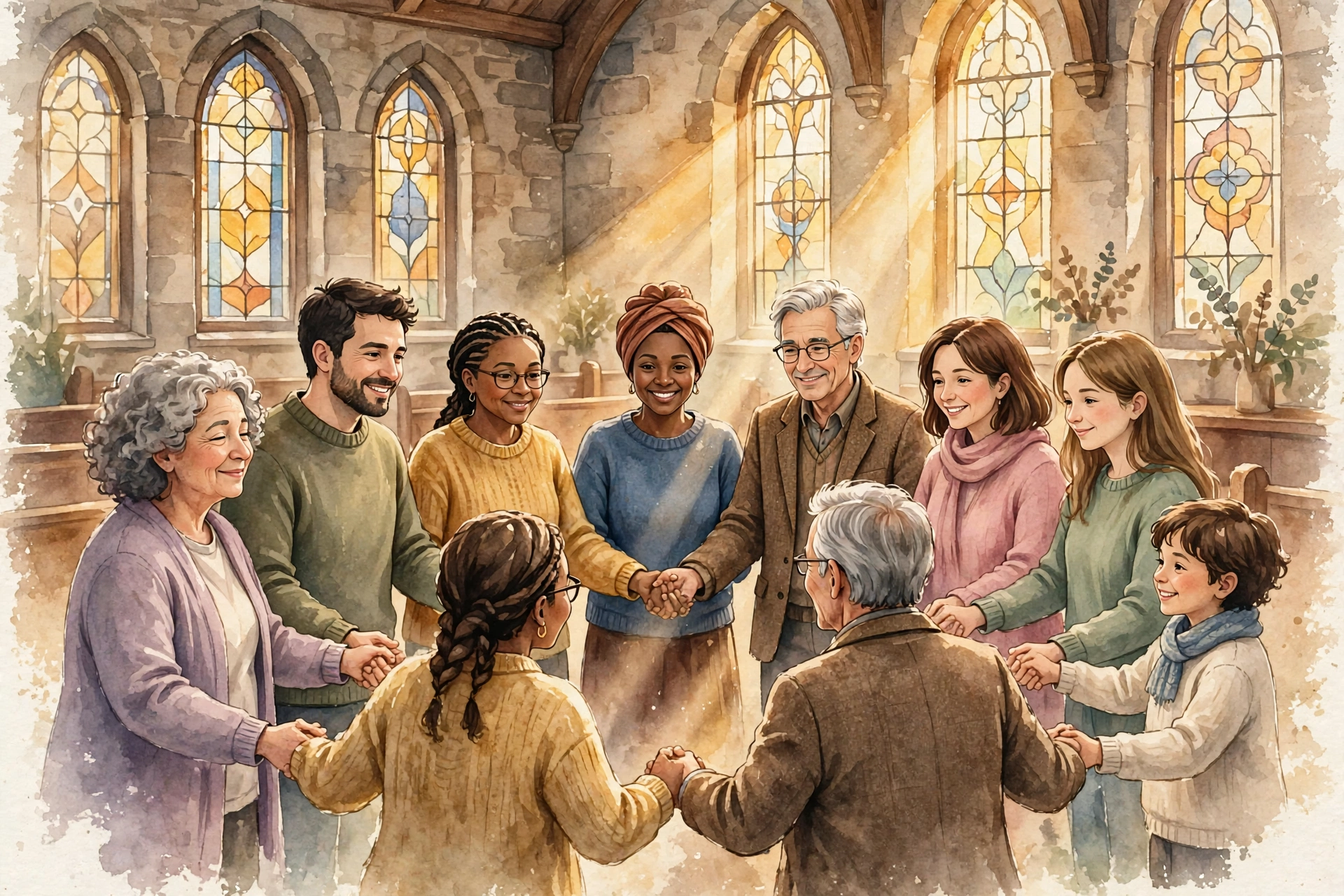 Christian Community - Gathered in Fellowship Church congregation gathered together in warm fellowship with hands joined