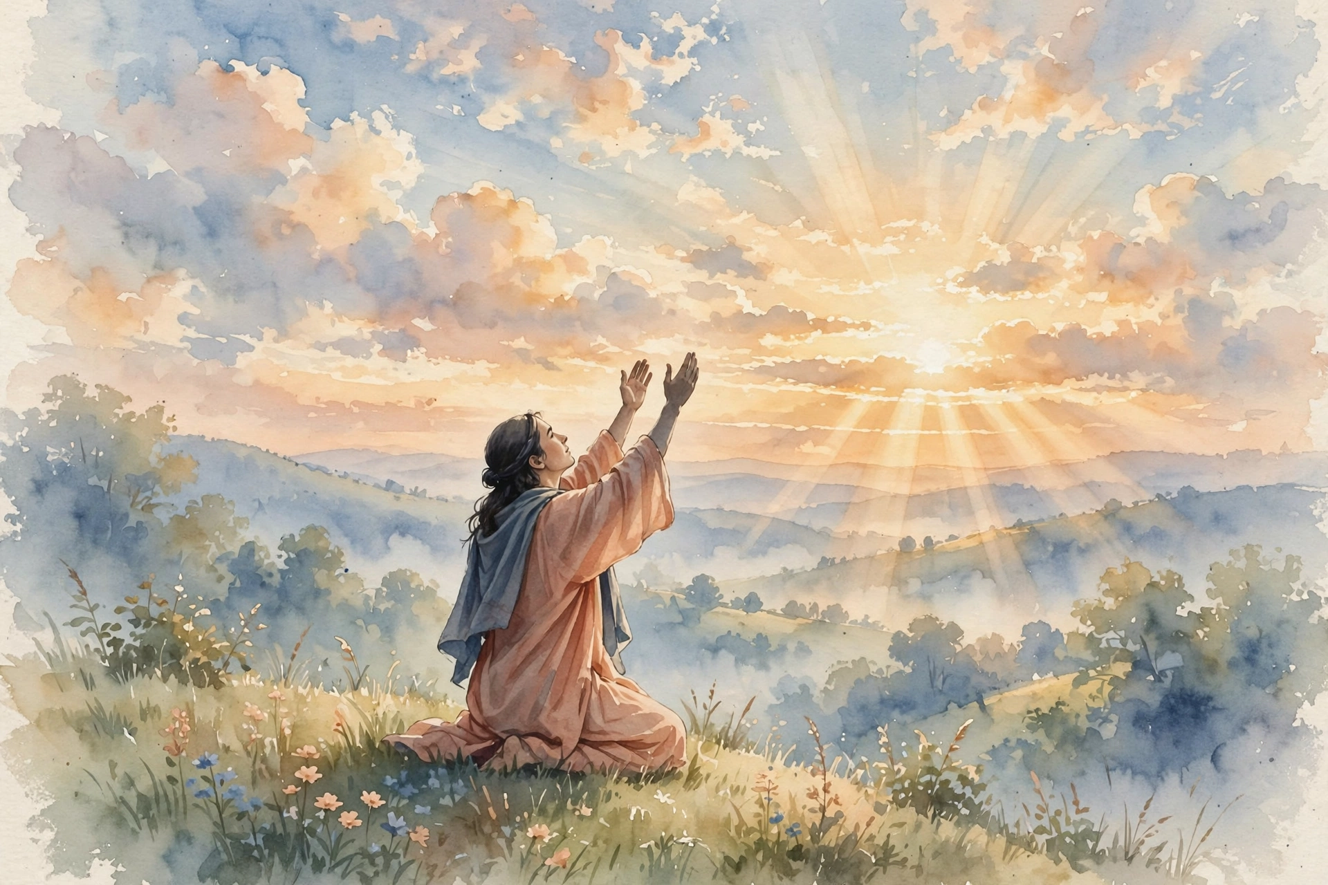 Encouragement in God's Presence Person praying at sunrise, finding encouragement in God's presence