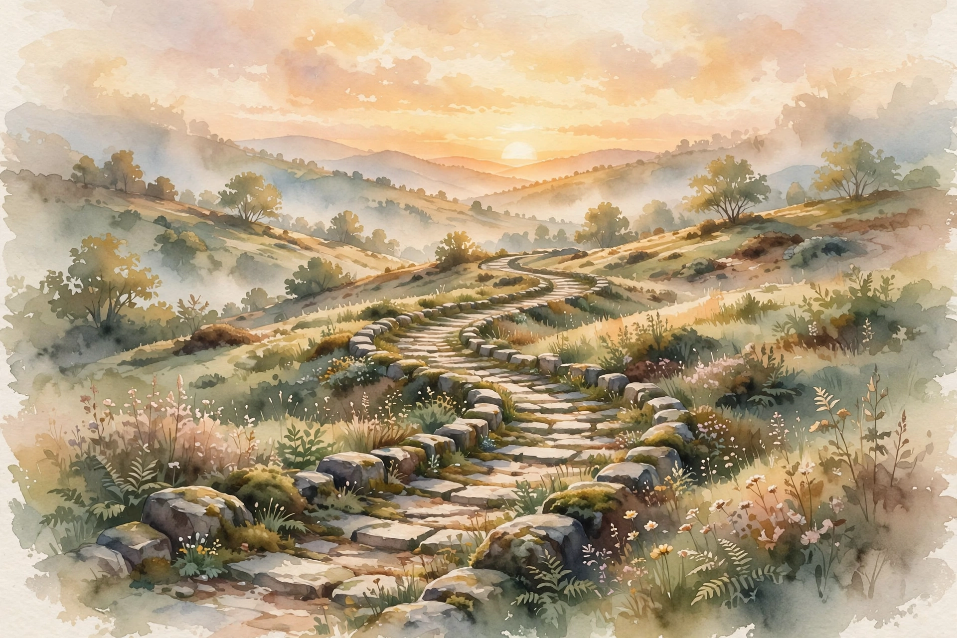 Sunrise over an ancient winding path, watercolor of the journey of faith