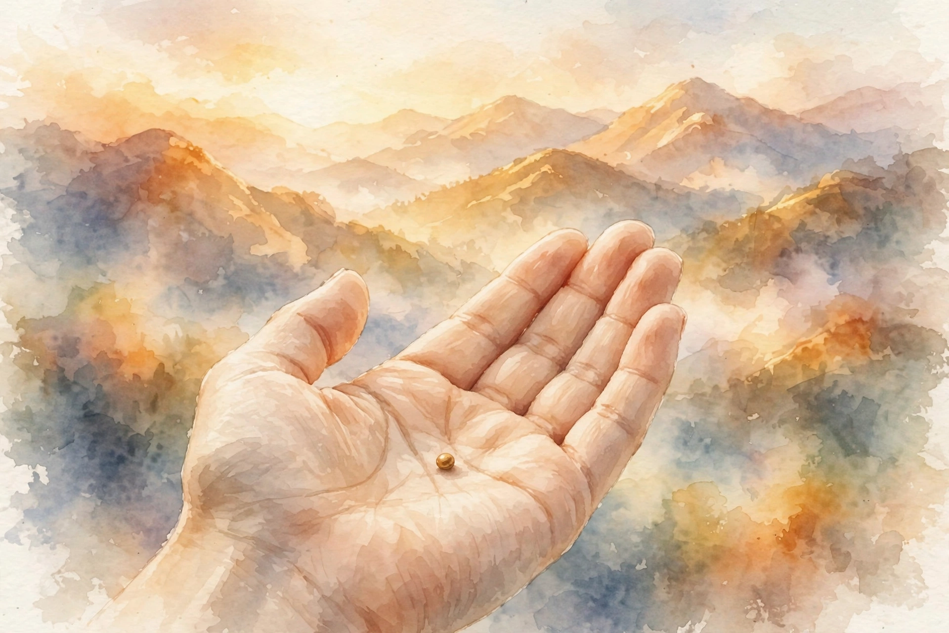 A tiny mustard seed held in a hand with a mountain behind, watercolor of small faith