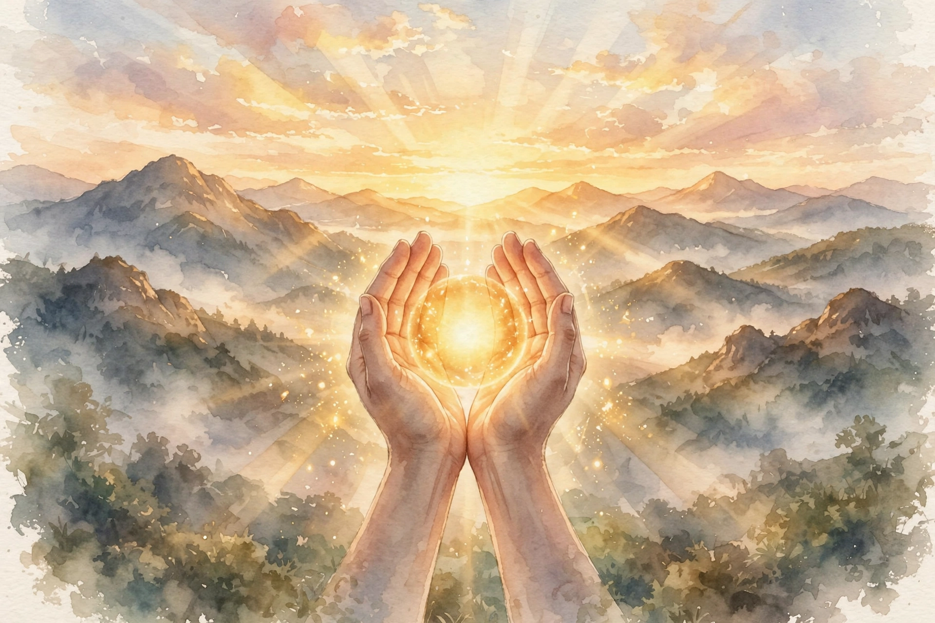 Hands lifted holding warm light against a mountain sunrise, watercolor of faith that overcomes