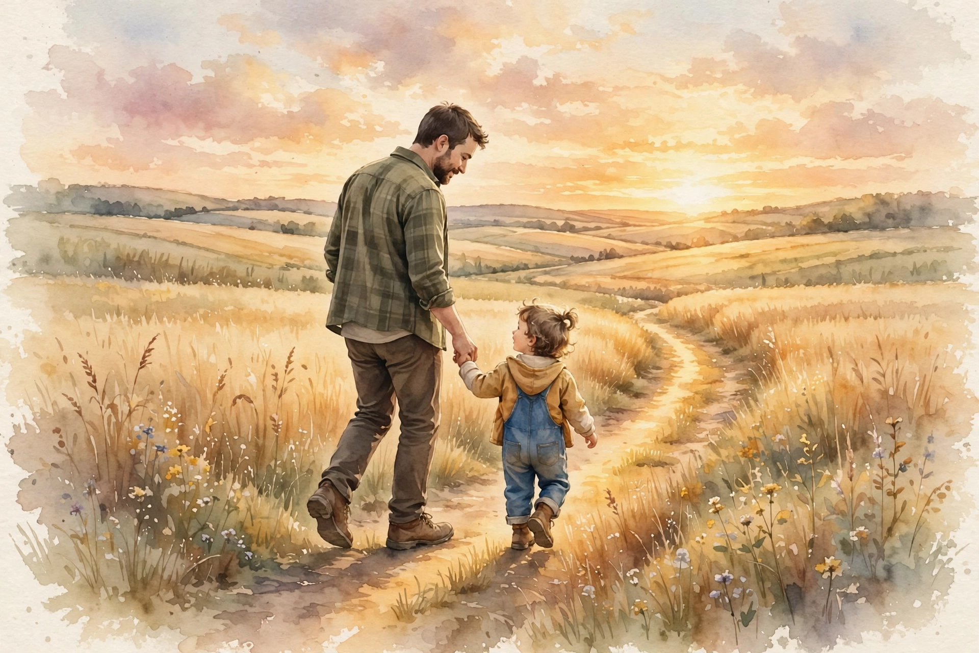 Father walking hand in hand with his child on a golden path, watercolor style