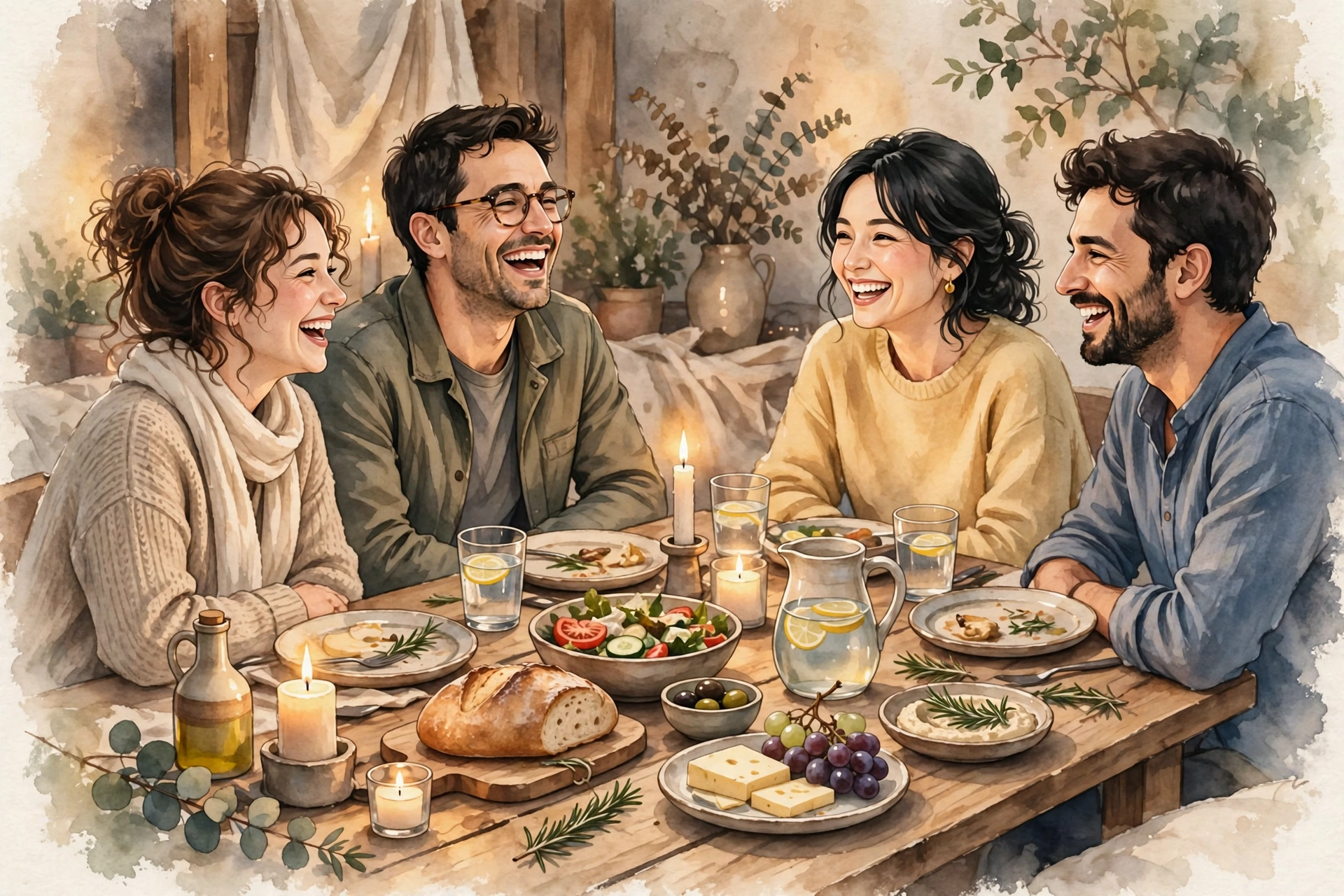 Fellowship Around the Table Friends sharing a meal together around a table in warm light
