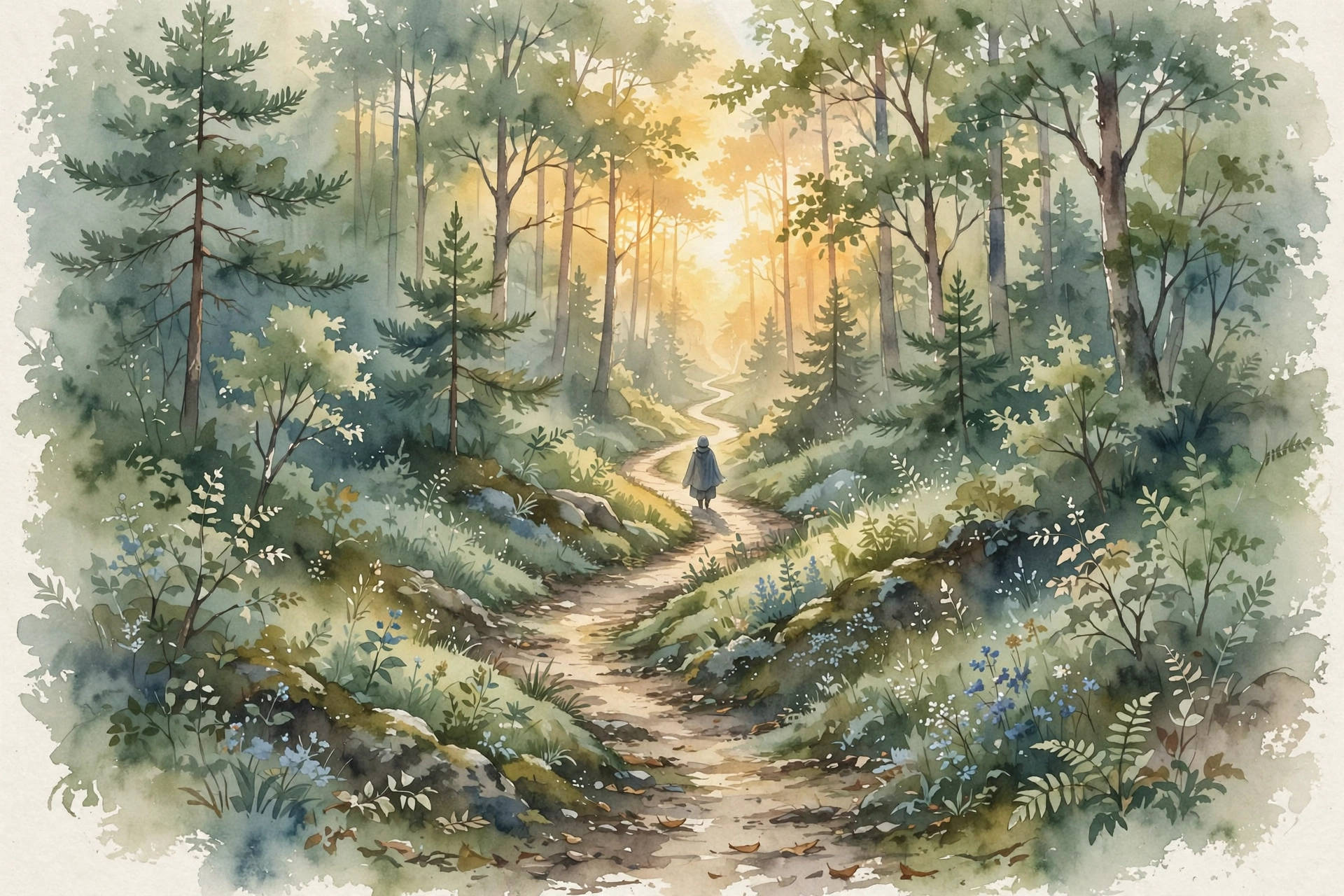 Flee Temptation Figure walking away on a forest path toward light, symbolizing fleeing temptation