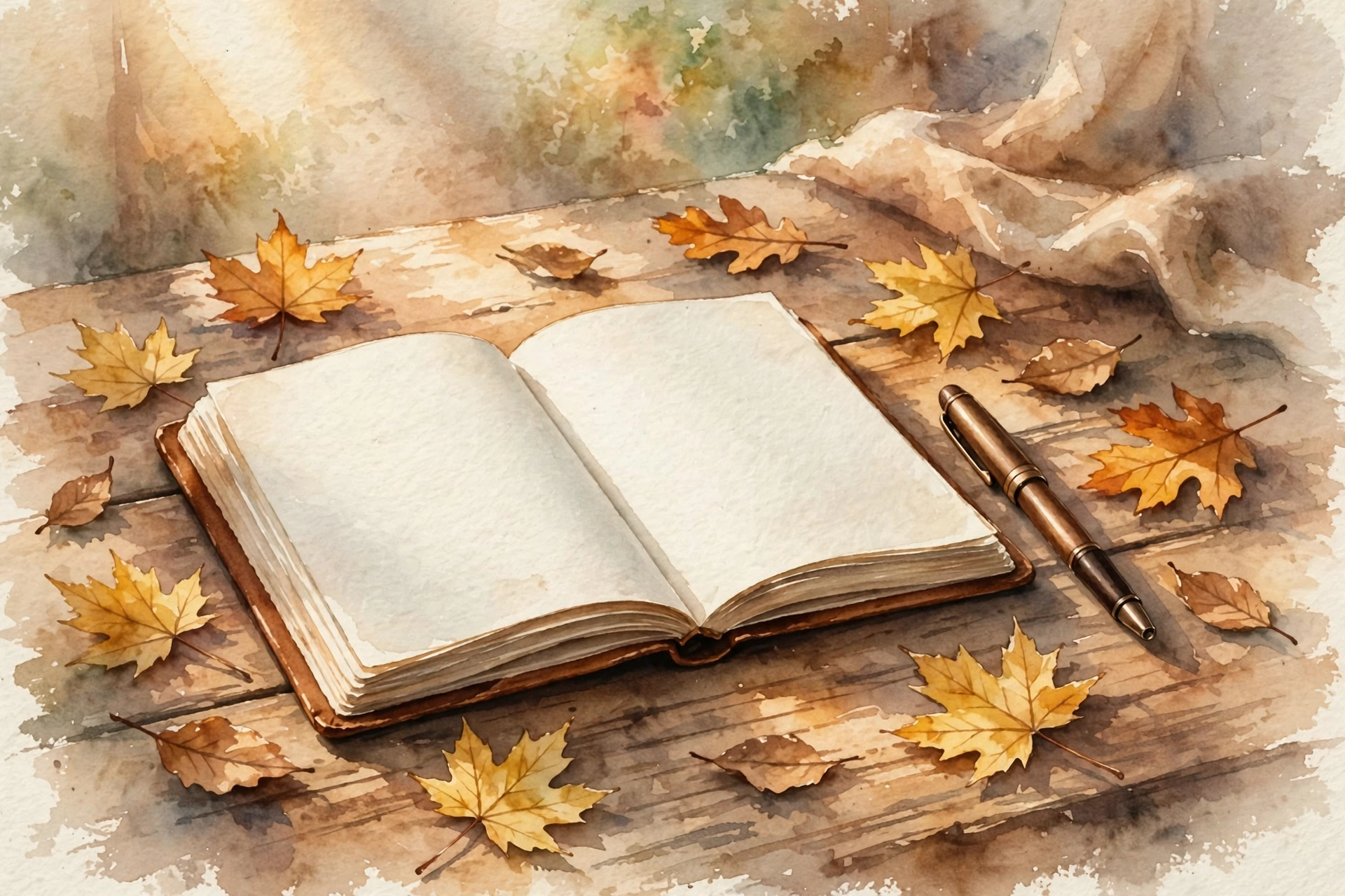A Daily Practice of Thanksgiving An open journal with a pen beside autumn leaves, a daily gratitude practice