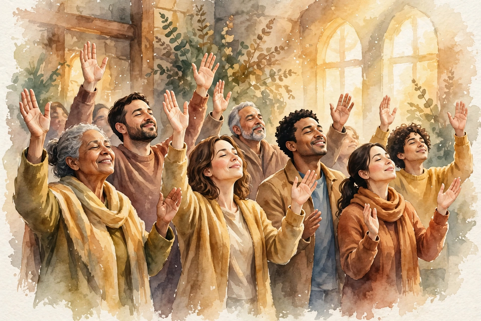 Worshiping God with Thanksgiving A joyful congregation with raised hands worshiping with thanksgiving