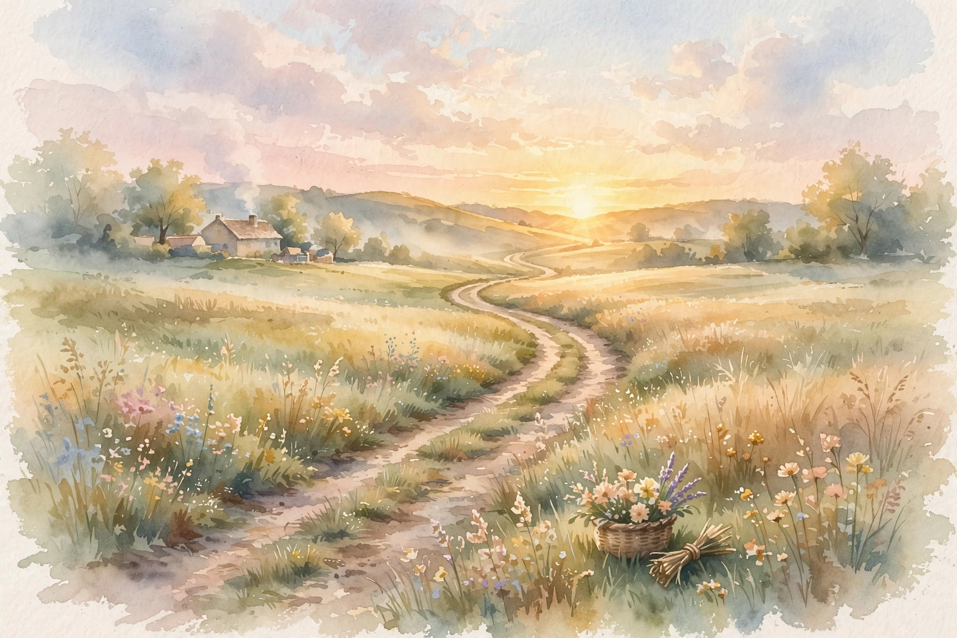 Path of daily life at sunrise with warm light, watercolor of living every day for God's glory