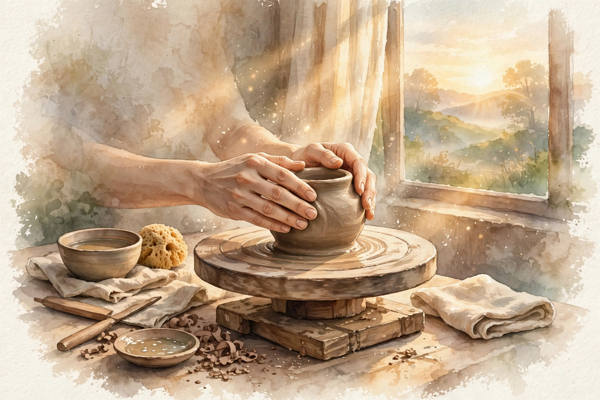 Hands working at sunrise with warm light, symbolizing work done for God's glory