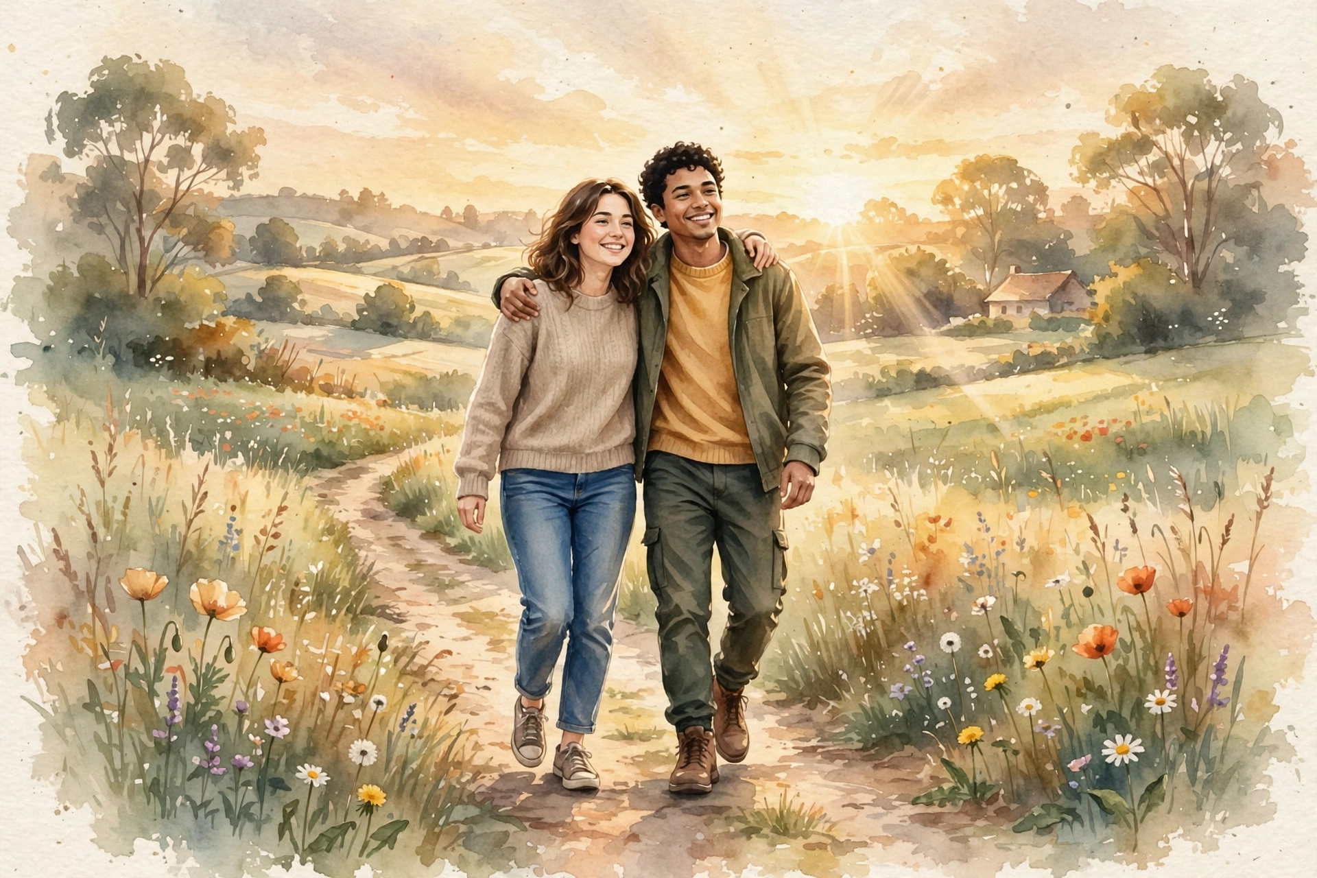 Walking Together in Godly Friendship Two friends walking together on a sunlit path, godly friendship