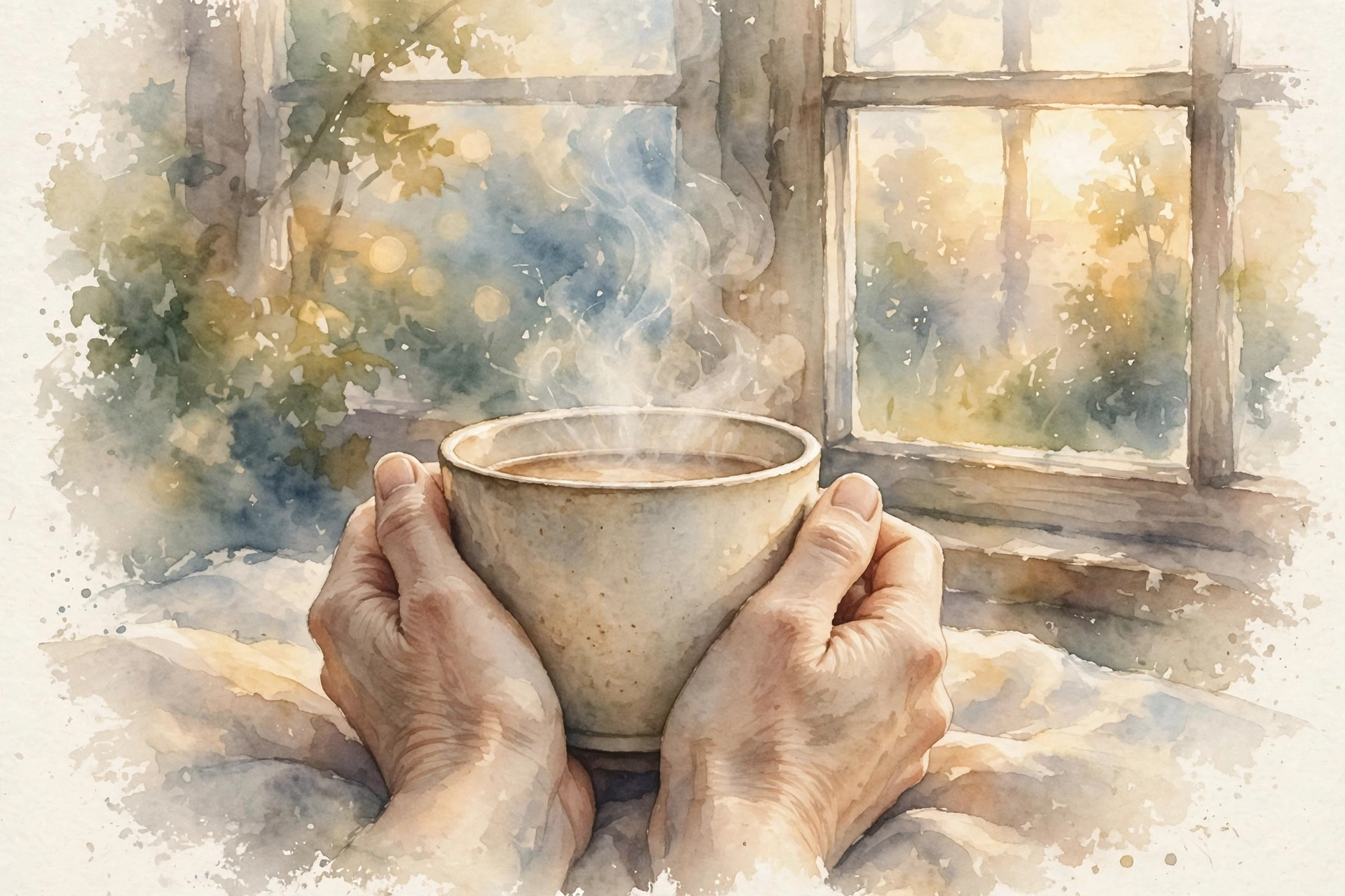 Watercolor of hands holding a warm cup with sunrise light