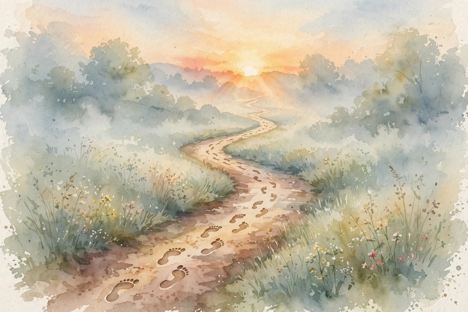 Watercolor of footprints on a path leading toward sunrise