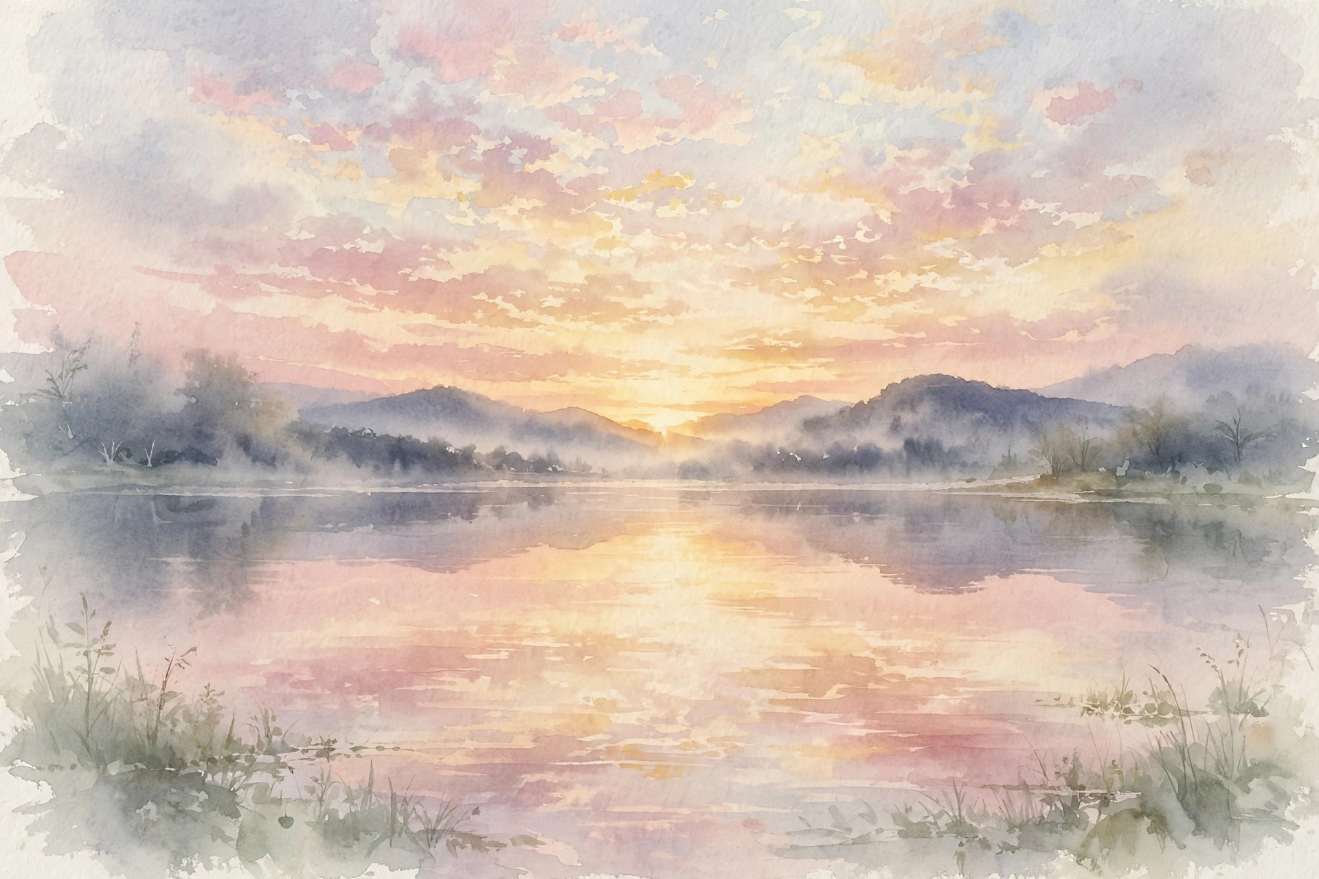 Watercolor of a quiet sunrise over still waters for morning devotion