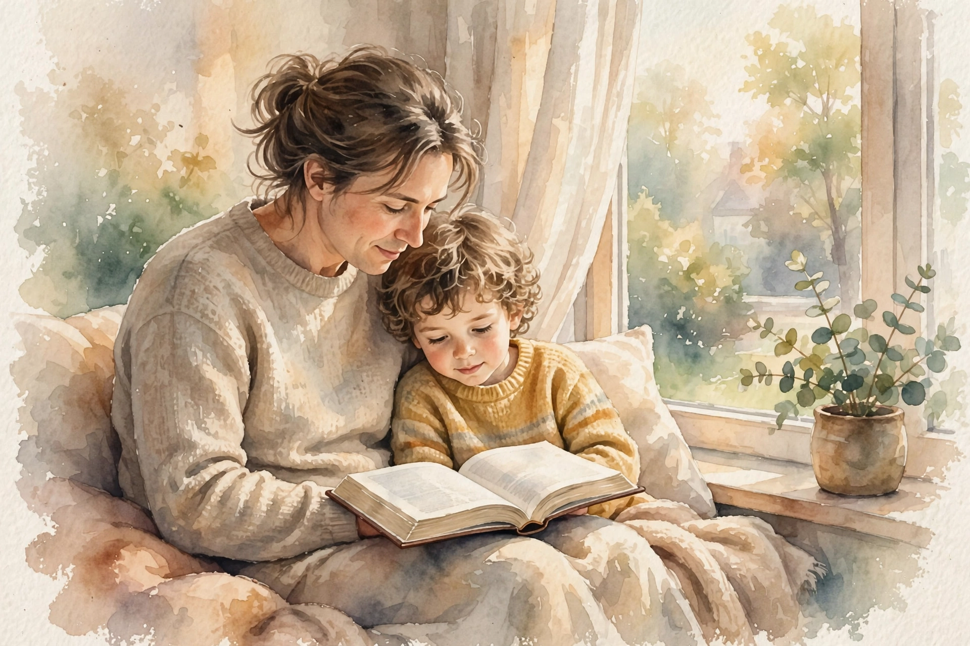 Parent reading the Bible with a child in warm morning light