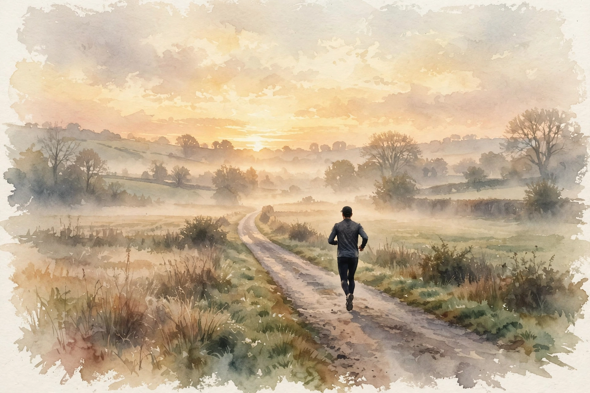 A runner training at sunrise on an open road, watercolor style