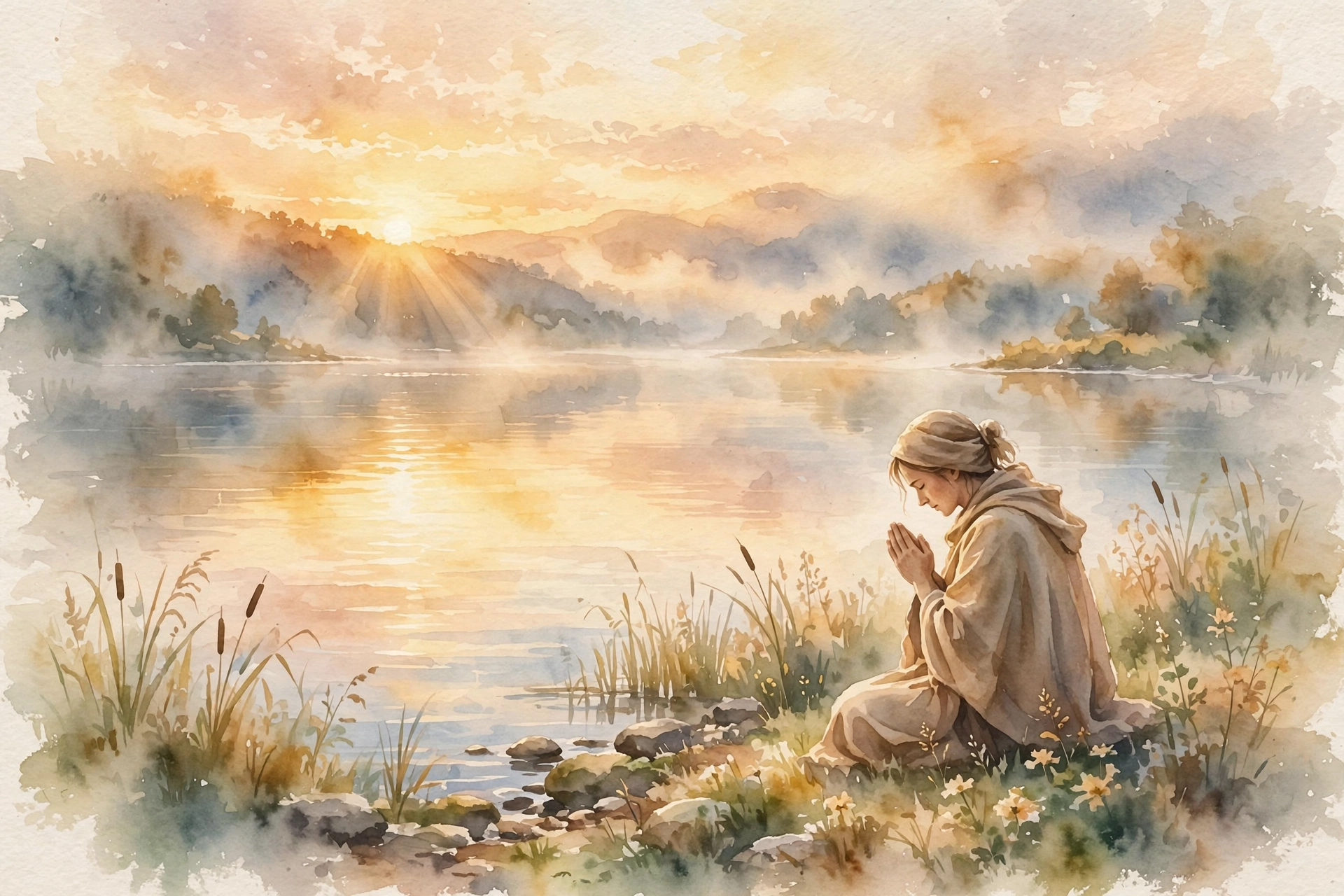 Trusting God With Fear and Anxiety Person praying peacefully at sunrise over a calm lake, trusting God with fear and anxiety