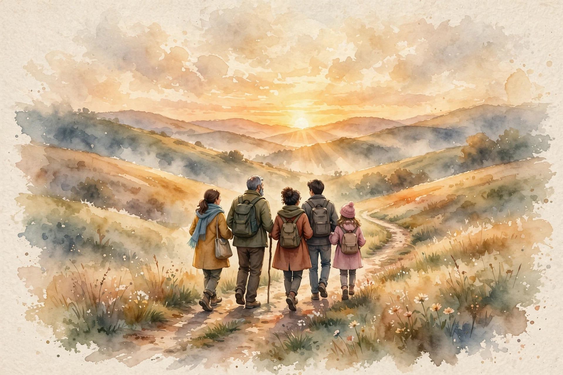 Walking Together in Faith Group of believers walking together toward a sunrise
